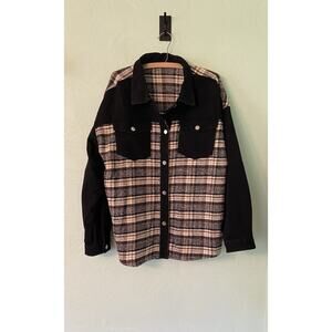 Women's 2XL Black Denim Brown And White Plaid Jacket Long Sleeve Button Down